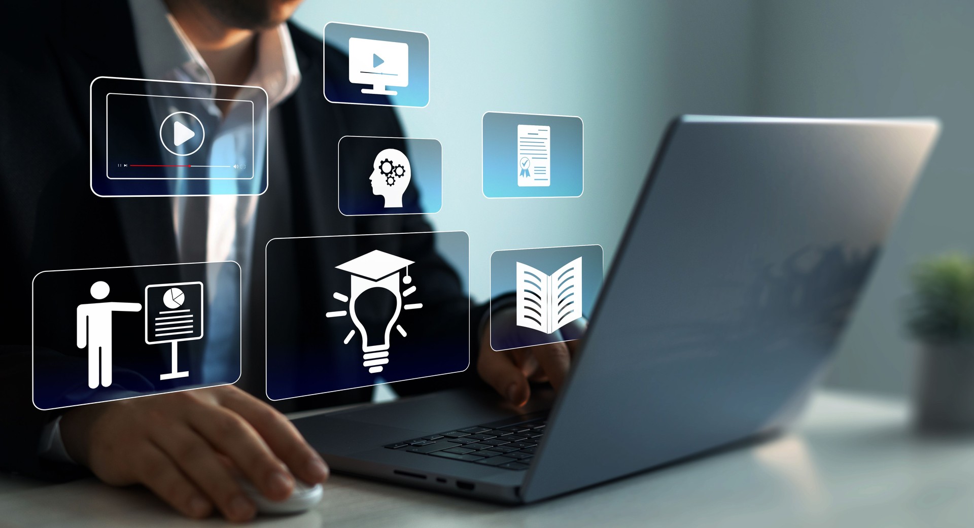 E-learning education.Digital internet lessons and online webinar on virtual screen. Education internet Technology.Business person who attends online lessons on a digital technology screen.