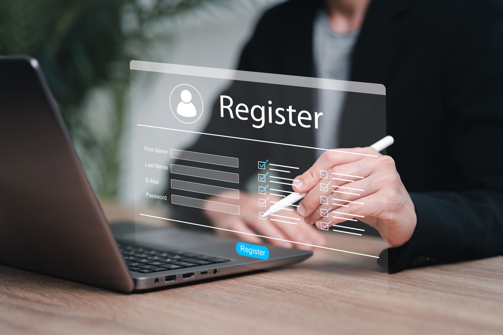 Online registration form,Identity verification,Personal information verification concept, Businesswomen registration online answer questionnaire electronic, Personal information, Info website, Filling